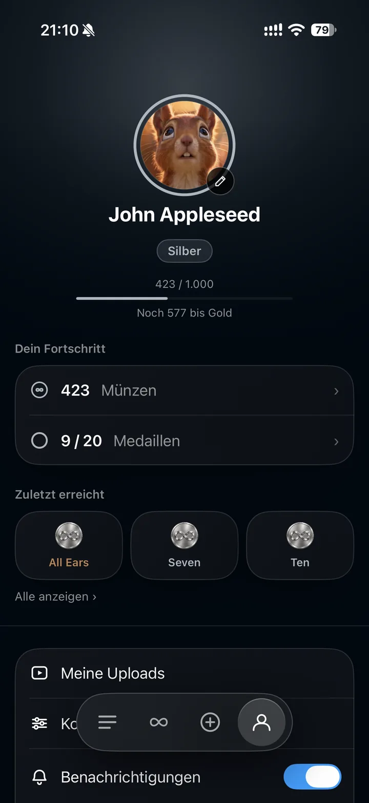 lixe App: Profil mit Münzen, Stufe und Medaillen